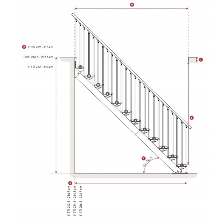 Escaliers Sydney - Hauteur à franchir 222cm à 270cm, Lx74cm