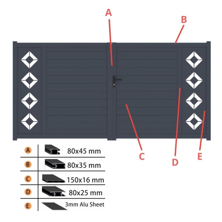 Portail Bretagne 150x300cm 2 vantaux en aluminium et 2 poteaux