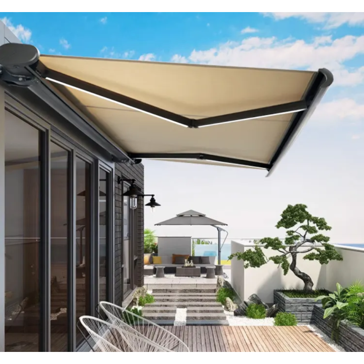 Store banne beige 3X2.5 m coffre intégral motorisé avec leds - Victor