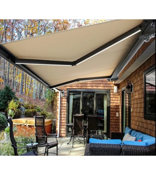 Store banne beige 4.5X3.5 m coffre intégral motorisé avec leds - Claire