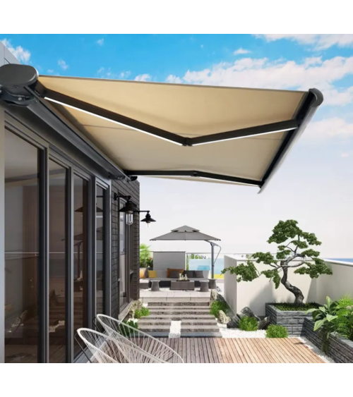 Store banne beige 4.5X3.5 m coffre intégral motorisé avec leds - Claire