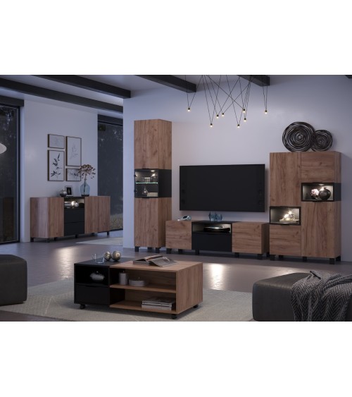 Salon complet KYOTO : table basse, meuble TV, vitrine, commode haute, (buffet)
