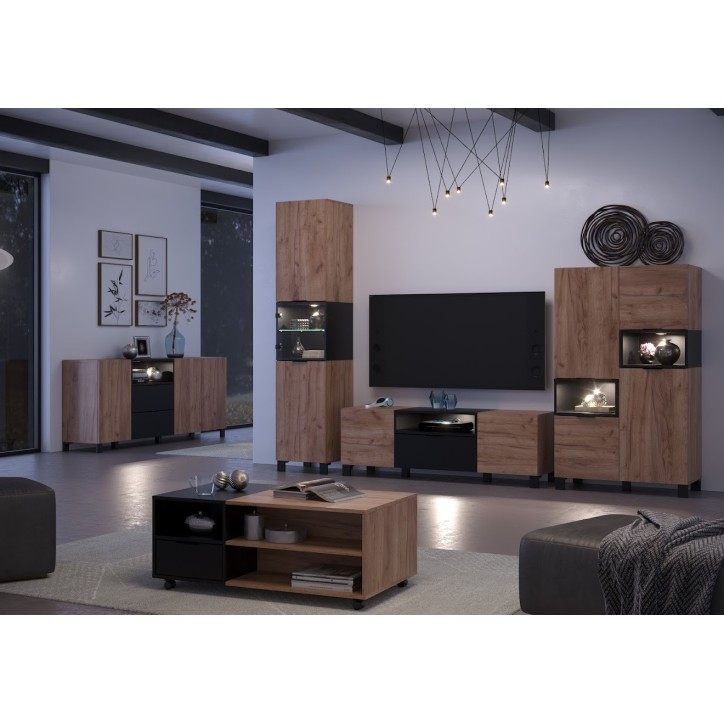 Salon complet KYOTO : table basse, meuble TV, vitrine, commode haute, (buffet)