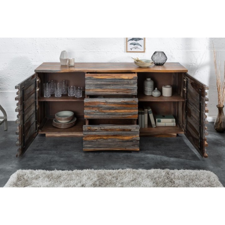 Buffet RELIEF bois massif de sheesham gris fumé