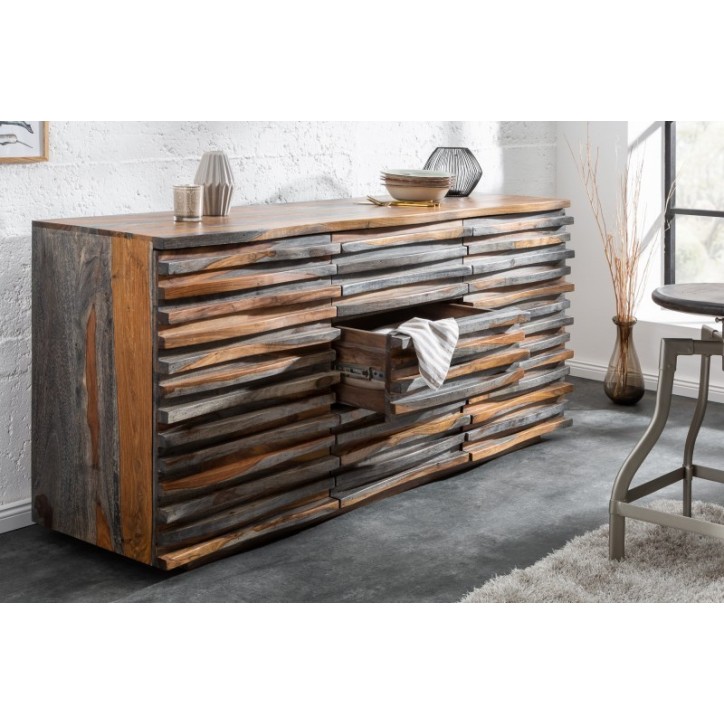 Buffet RELIEF bois massif de sheesham gris fumé
