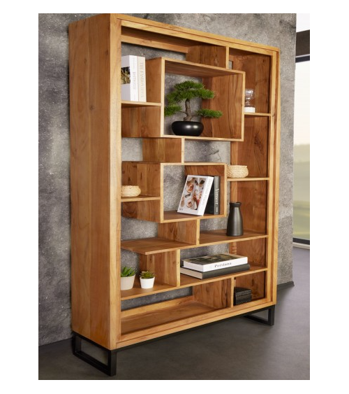 Etagère cubus miel d'acacia 190cm métal noir