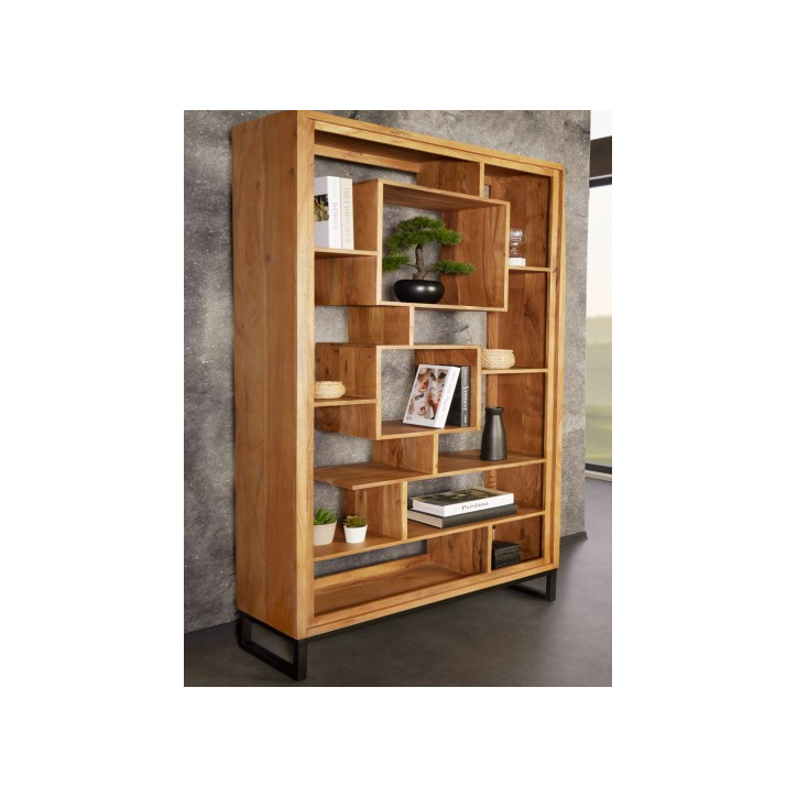 Etagère cubus miel d'acacia 190cm métal noir