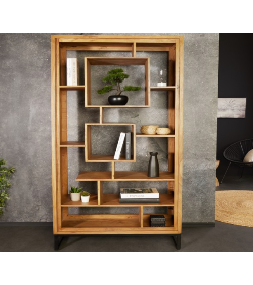 Etagère cubus miel d'acacia 190cm métal noir