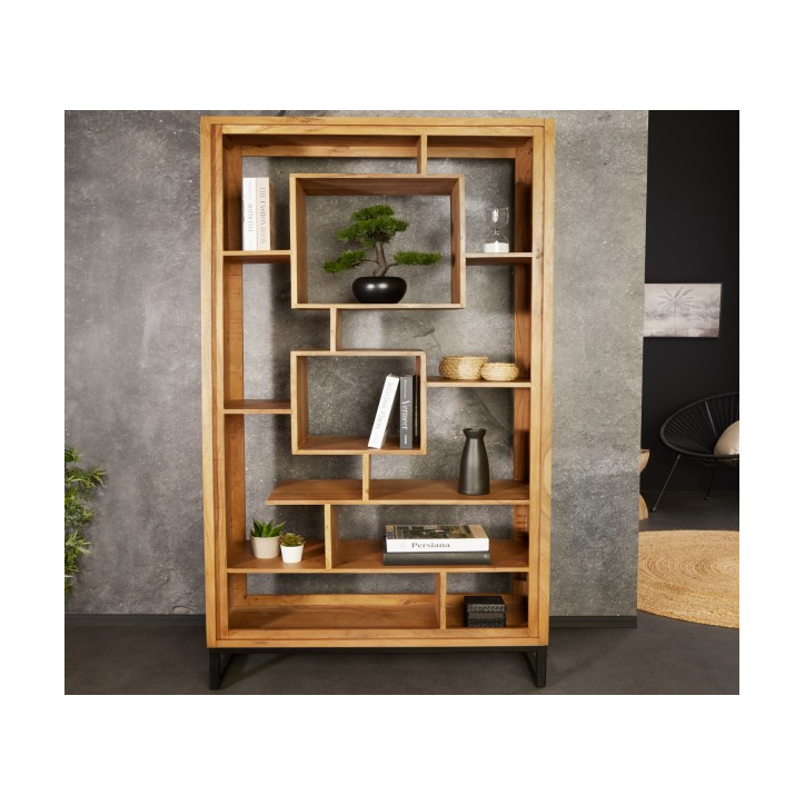 Etagère cubus miel d'acacia 190cm métal noir