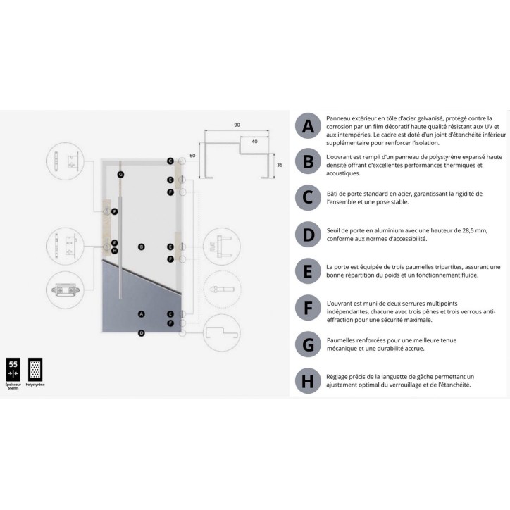 Porte d'entrée Cassandra 80/90/100cm en acier