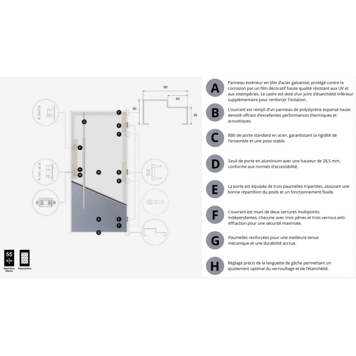 Porte d'entrée Célia 80/90/100cm en acier