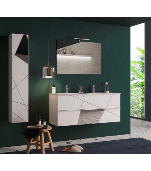 Ensemble salle de bain, meuble suspendu+colonne+miroir+double vasque VITTORIA blanc brillant, 122 x 53 x 47 cm