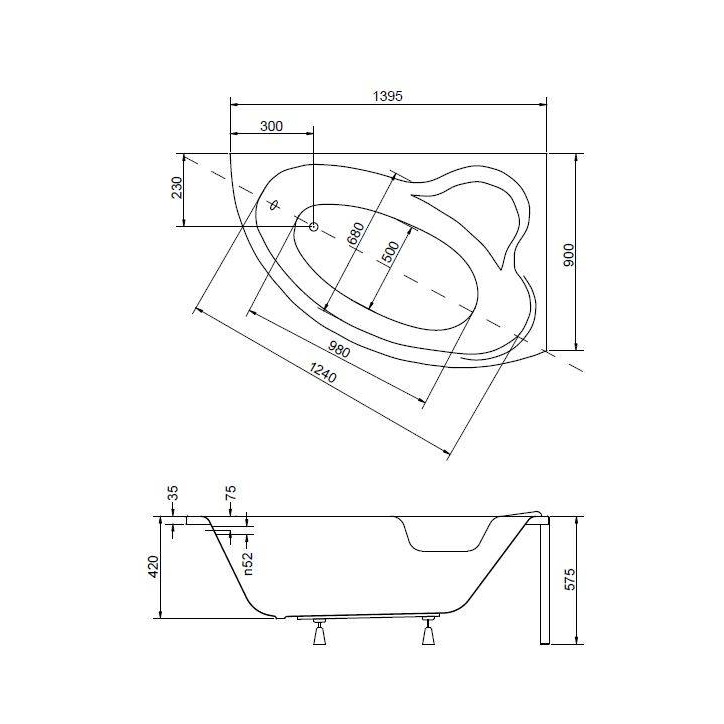 ORIEGO MAXI hoekbad 140x90 cm rechts met schort