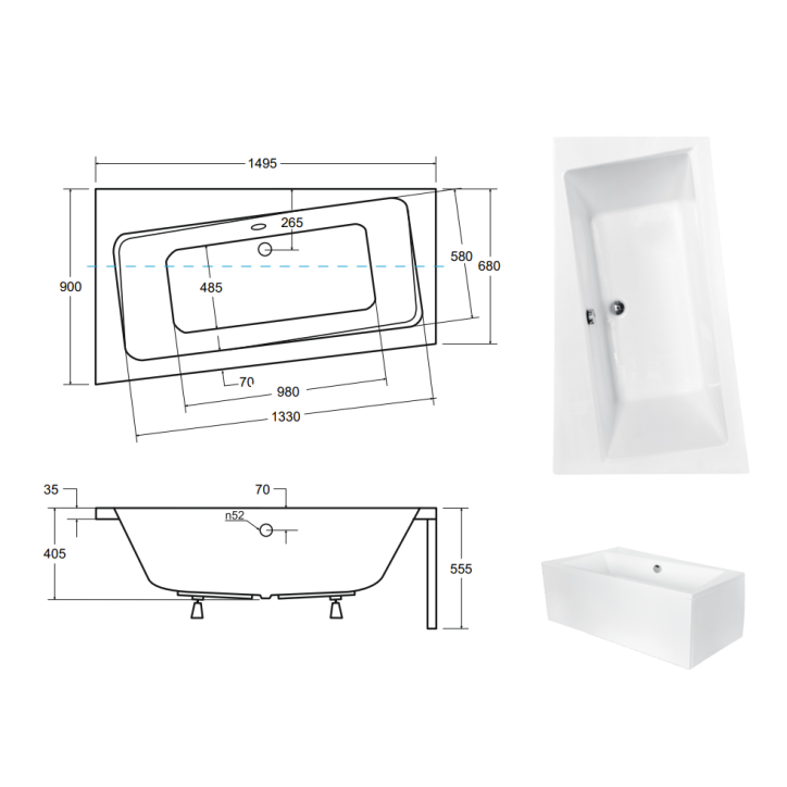 Baignoire angle droit ZIANIGI avec tablier