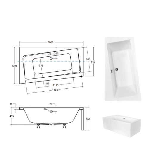 Baignoire angle droit ZIANIGI avec tablier