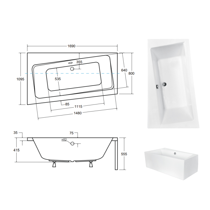 Baignoire angle droit ZIANIGI avec tablier