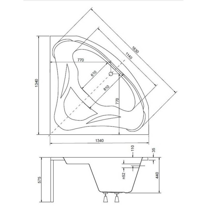 Baignoire d'angle EWA 134x134x57,5 cm avec tablier