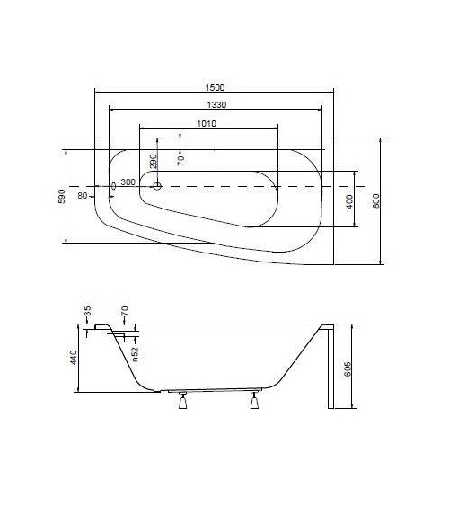 Baignoire d'angle LUNA 150 cm avec tablier