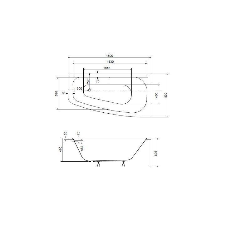 Baignoire d'angle LUNA 150 cm avec tablier