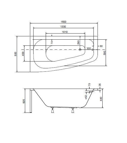 Baignoire d'angle LUNA 150 cm avec tablier