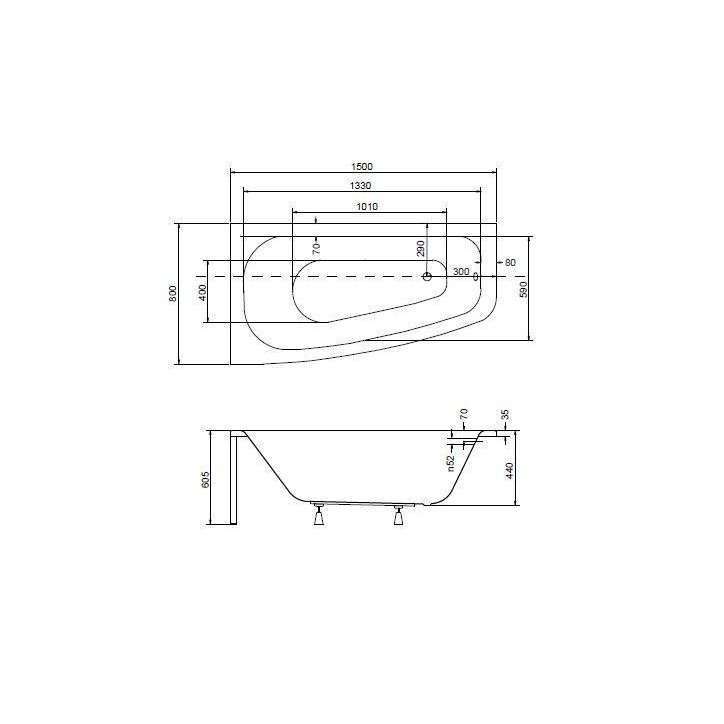 Baignoire d'angle LUNA 150 cm avec tablier