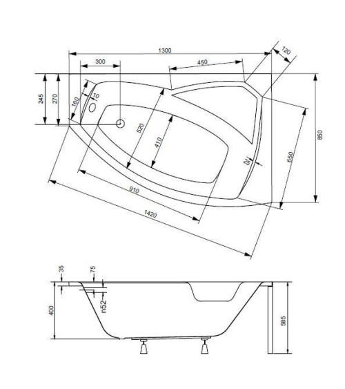 Baignoire d'angle droite RIMA 130/140/150/160/170 cm avec tablier