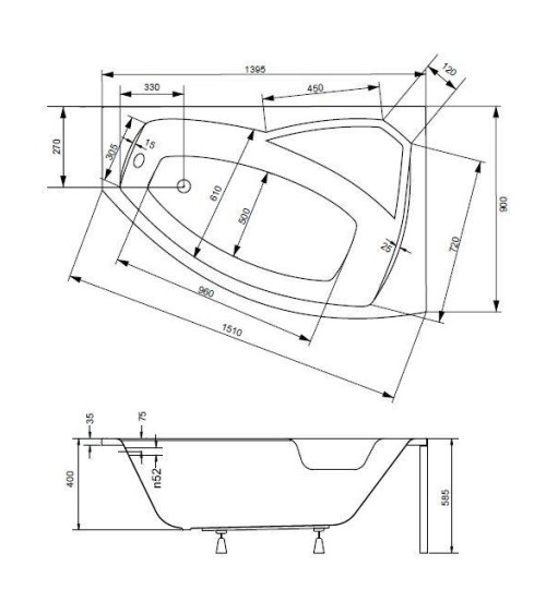 Baignoire d'angle droite RIMA 130/140/150/160/170 cm avec tablier