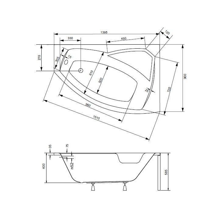 Baignoire d'angle droite RIMA 130/140/150/160/170 cm avec tablier