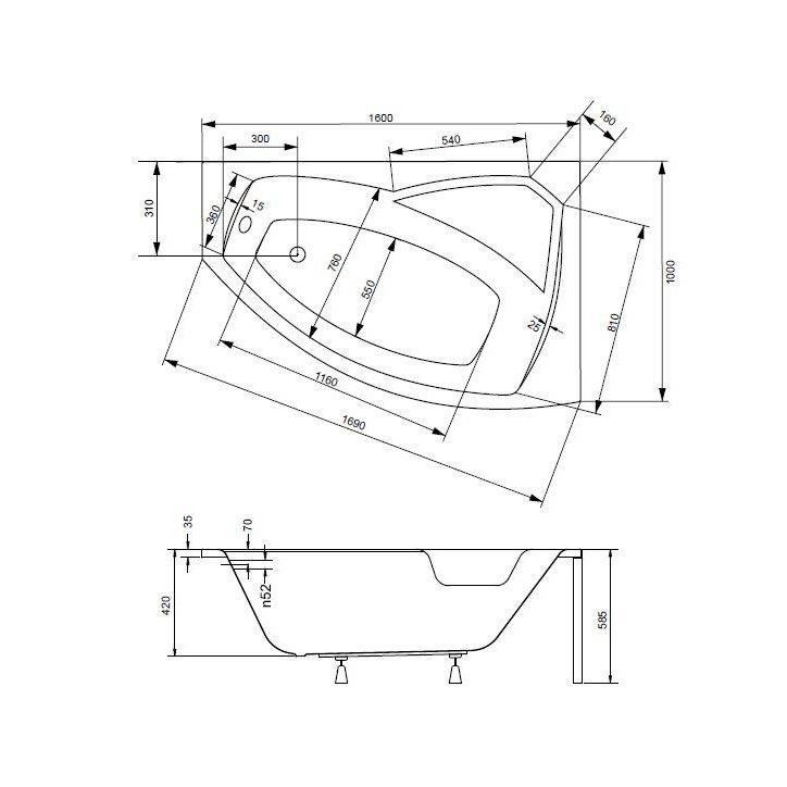 Baignoire d'angle droite RIMA 130/140/150/160/170 cm avec tablier