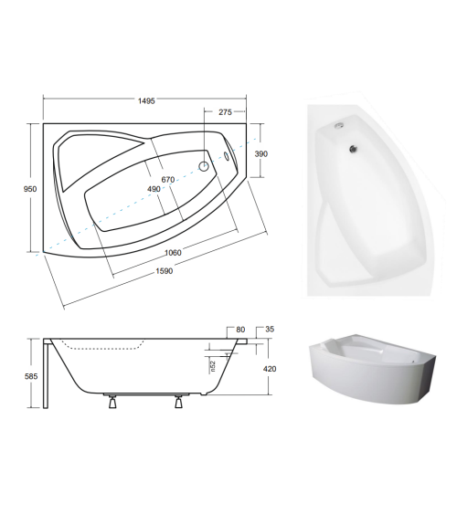 Baignoire d'angle gauche RIMA 130/140/150/160/170 cm avec tablier