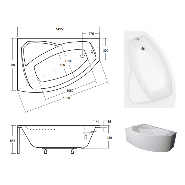 Baignoire d'angle gauche RIMA 130/140/150/160/170 cm avec tablier