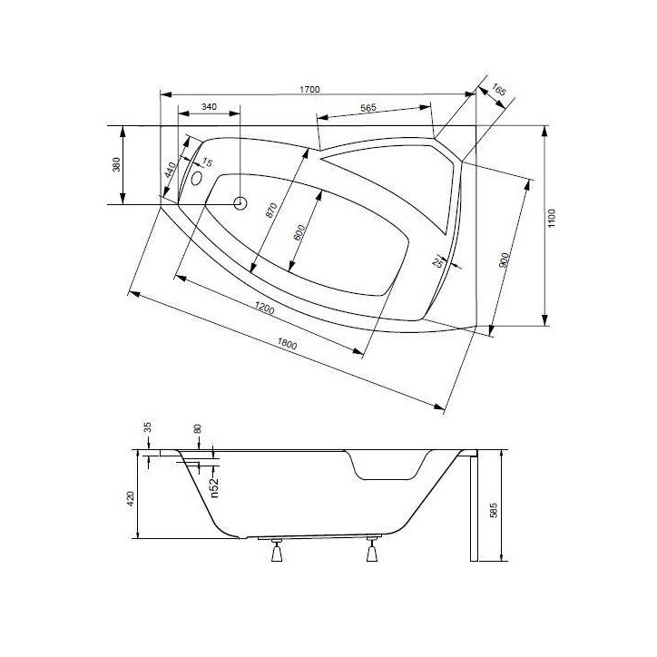 Baignoire d'angle gauche RIMA 130/140/150/160/170 cm avec tablier