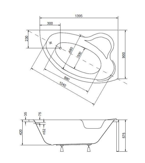 Baignoire d'angle ORIEGO MAXI 140x90 cm droite avec tablier