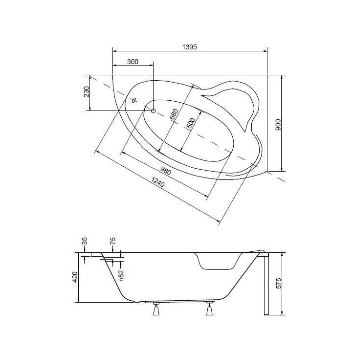 Baignoire d'angle ORIEGO MAXI 140x90 cm droite avec tablier