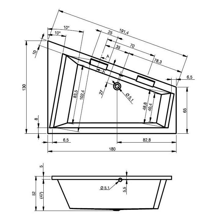 Baignoire d'angle DOPPIO 180x130 cm version gauche