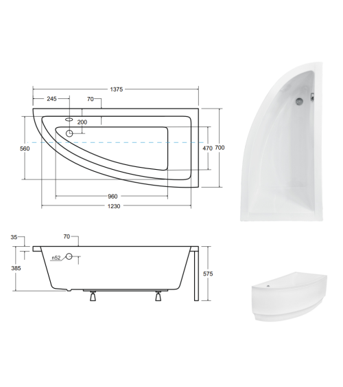 Baignoire d'angle ORIEGA 140 cm droite avec tablier