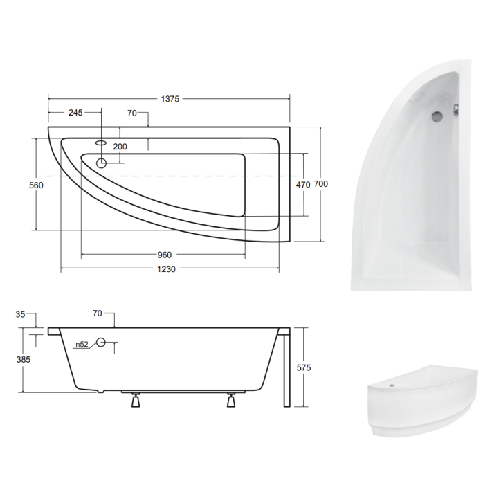 Baignoire d'angle ORIEGA 140 cm droite avec tablier