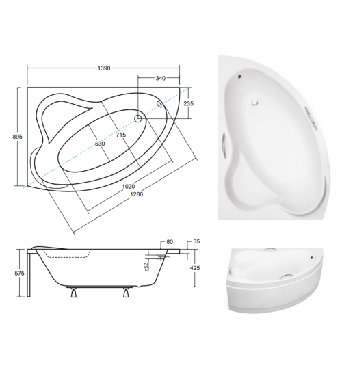 Baignoire d'angle ORIEGO MAXI 140x90 cm gauche avec tablier