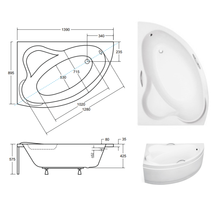 Baignoire d'angle ORIEGO MAXI 140x90 cm gauche avec tablier
