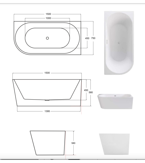 Baignoire ZOYA angle gauche 150x75 cm/170x80 cm