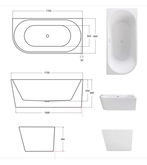 Baignoire ZOYA angle gauche 150x75 cm/170x80 cm