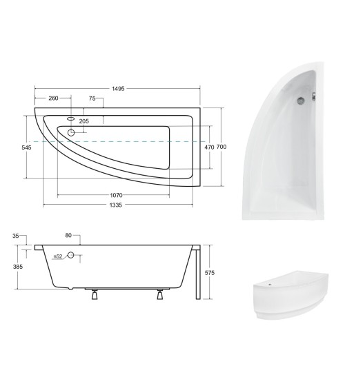 Baignoire d'angle ORIEGO II 150 cm droite sans tablier