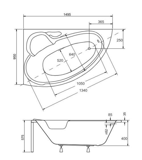 Baignoire BIANCA Gauche 150 x 95 cm avec tablier