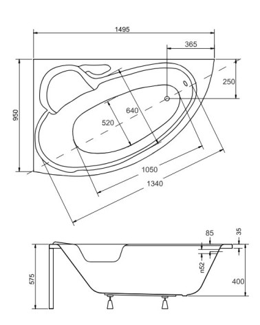 Baignoire BIANCA Gauche 150 x 95 cm avec tablier