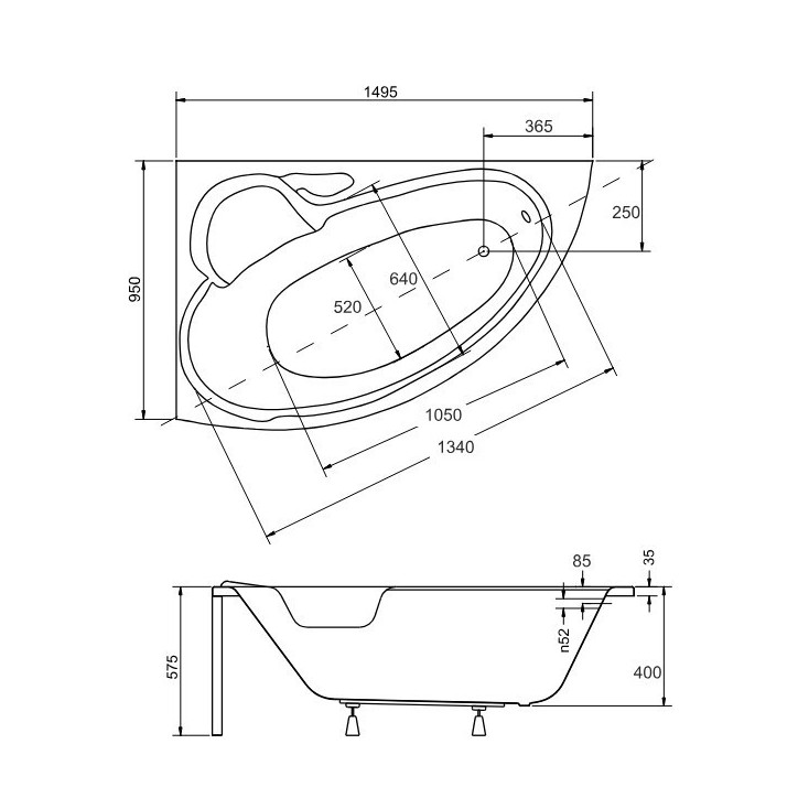 Baignoire BIANCA Gauche 150 x 95 cm avec tablier