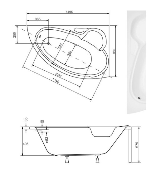 Baignoire BIANCA Droite 150 x 95 cm avec tablier