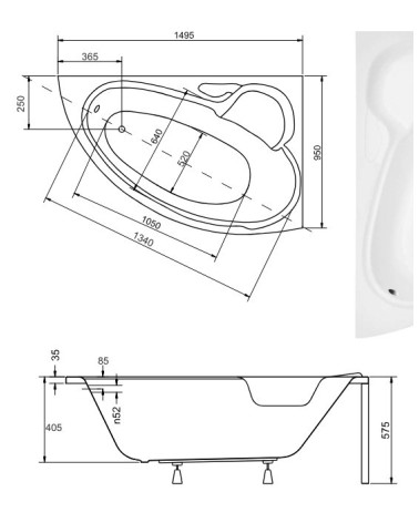 Baignoire BIANCA Droite 150 x 95 cm avec tablier