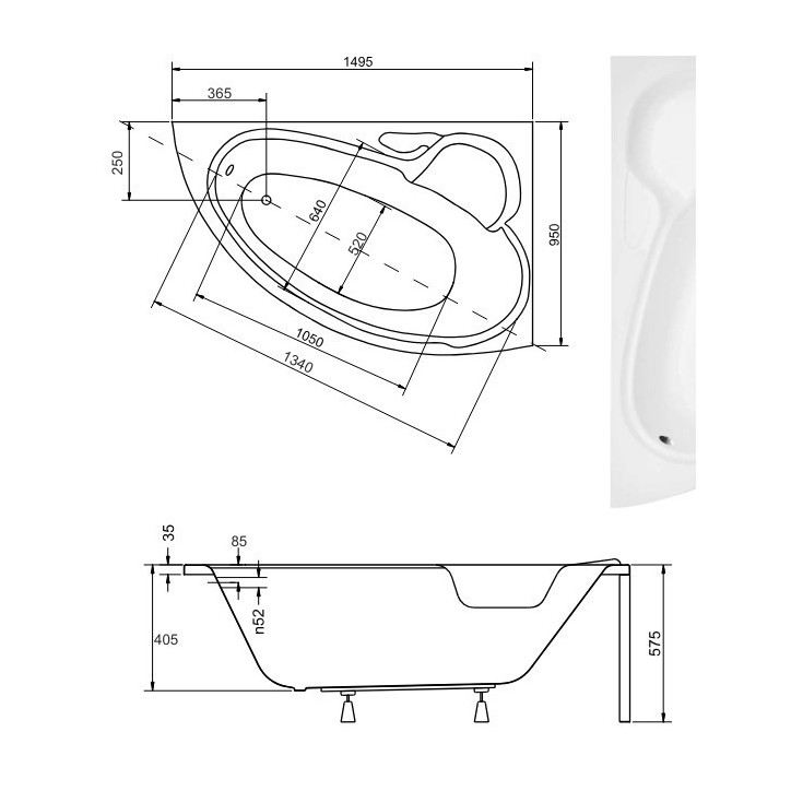 Baignoire BIANCA Droite 150 x 95 cm avec tablier
