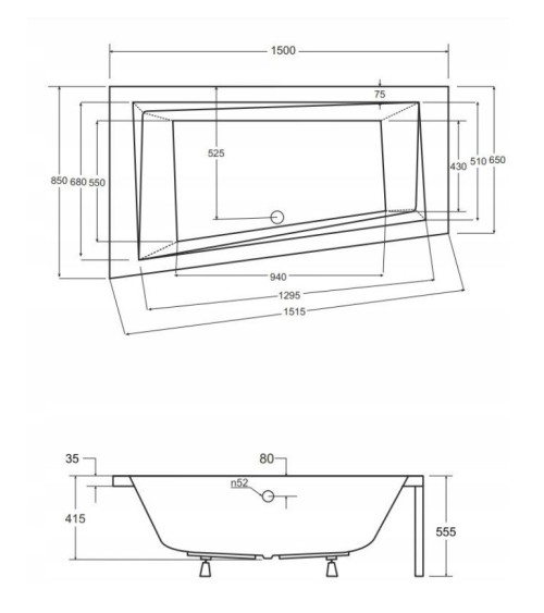 Baignoire d'angle GAUCHE INTIMA 150 ou 160 cm AVEC TABLIER NOIR