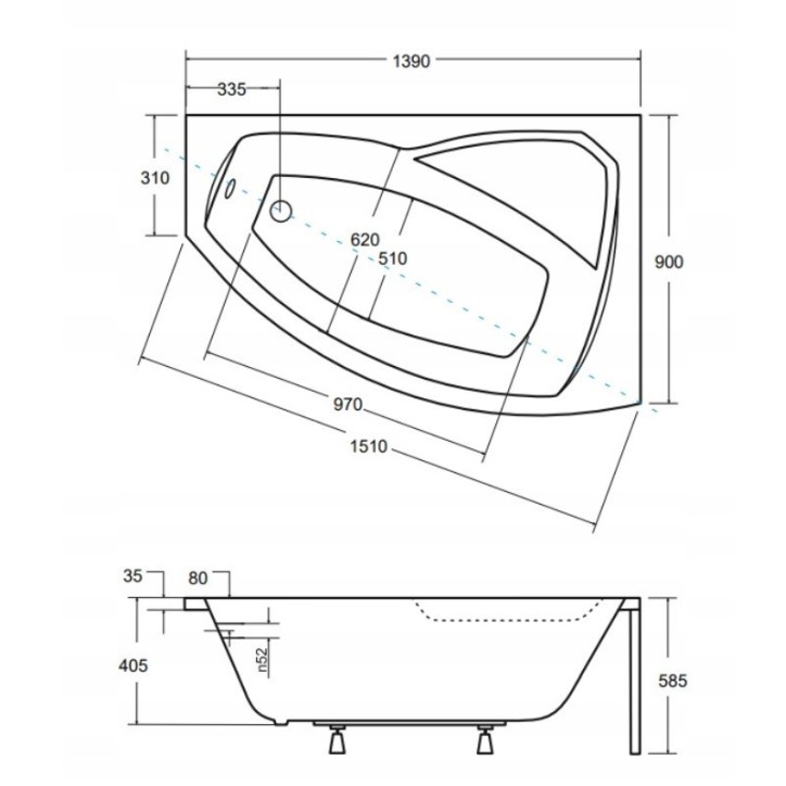 Baignoire d'angle droit RIMA 130/140/150/160/170 cm avec tablier NOIR